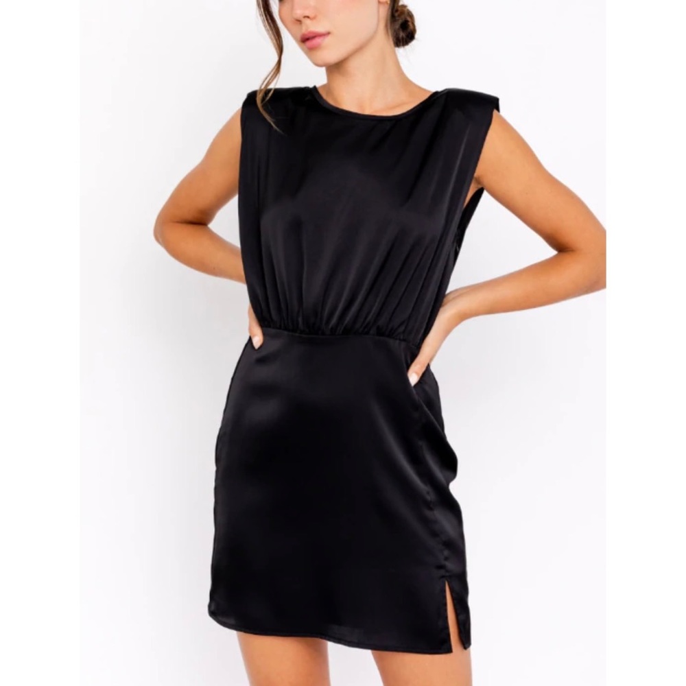 BOUTIQUE - Chic Little Black Satin Dress - Padded Shoulder